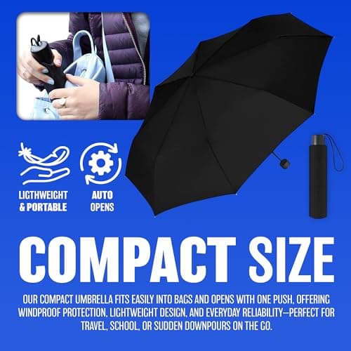 New Set of 2 Folding Black Umbrella Fast Drying Windproof Non Slip Handle Travel — view 4