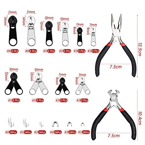 FEIGO Zip Repair Kit with Pliers, 171pcs Zipper Repair Set (#3#5#8), Heavy Duty Metal Zipper Sliders & Stops with Storage Box for Jackets, Bags, Luggage, Tents, Sewing DIY — view 2