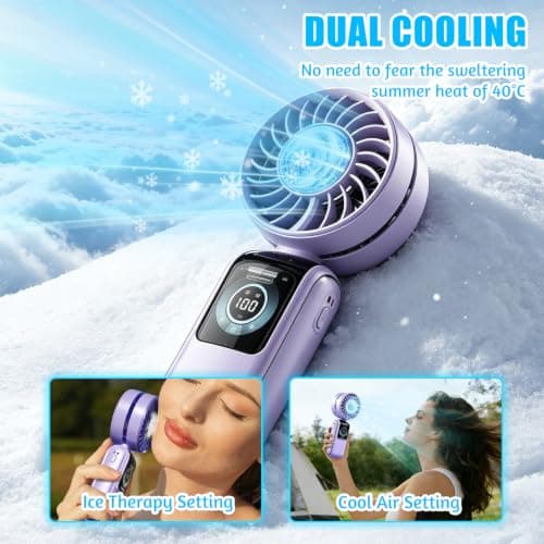 Handheld Fan Rechargeable, 5 Speeds Portable Ice Cooling Hand Fan, Flexible Modes Hand Desk Neck Electric Mini Fan，High-Power Hand Held Fans with LED Display for Travel Home Office Outdoor (Purple) — view 2