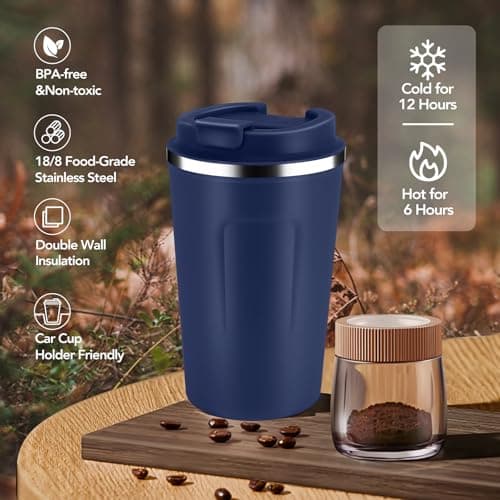 Volhoply 360ml 12oz Double Wall Insulated Vacuum Travel Coffee Mugs with Flip Lid Bulk 2 Pack,Reusable Stainless Steel Leak Proof Coffee Cup,Cafe Thermal Tumbler for Hot & Cold Drinks(Navy,2 Set) — view 5