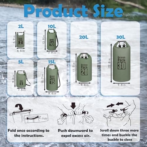 MOMAHUA 15L Waterproof Dry Bag Backpack with Double Shoulder Straps - Sage Green Durable PVC Roll Top Dry Sack - Heavy Duty Reusable Rucksack for Kayaking, Boating, Beach & Travel — view 2