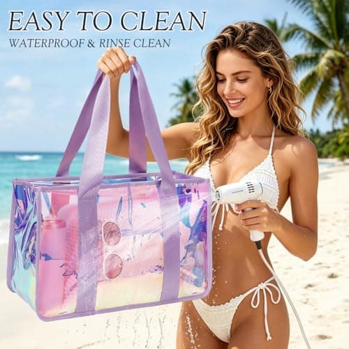 Fammart Iridescent Clear Beach Bags Waterproof Sandproof for Women, Large Jelly Tote Zipper Pool Bag Cruise Essentials 2026, Large - Iridesent Purple, L, Fashion — view 4