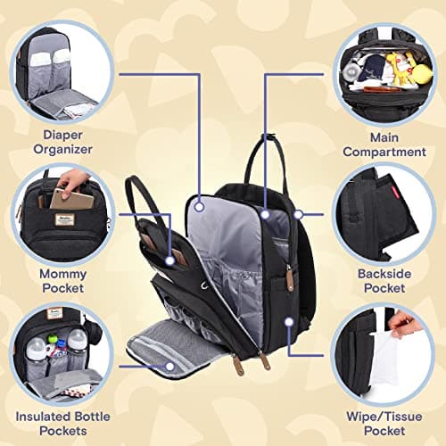 RUVALINO Baby Changing Bag Backpack, Neutral All-in-One Baby Bags for, Multifunction Large Travel Backpack with Portable Changing Pad, Stroller Straps, Pacifier Case and Insulated Pockets, Black — view 3