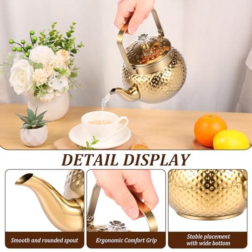 1.5/2 Litre Gold Hammered Tea Kettle Stainless Steel Coffee Pot Loose Leaf Teapot with Strainer Stovetop Tea Kettle Outdoor Camping Travel Supplies Gift for Women(2L) — view 6