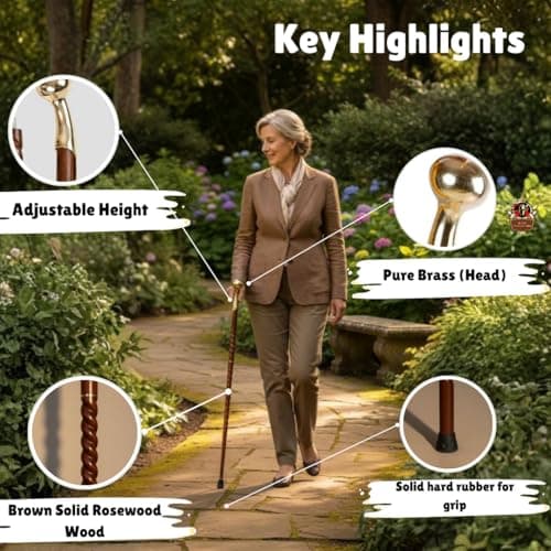 AZQAAN Handmade Brass Designer Head Handle Vintage Wooden Walking Cane – 37–38" Solid Rosewood Shaft, Brass Handle, Stylish Walking Stick for Men & Women, Senior Citizens, Costumes & Parties — view 2
