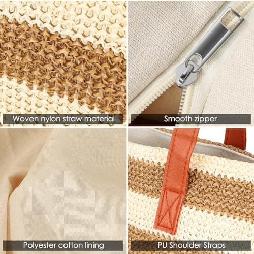 Chuboir Large Straw Shopping Tote Bags, Reusable Eco Grocery Tote Bags with Zipper, Bohemian Woven Beach Bag for Women Daily Shopping Travel Gym Holiday Picnic — view 5