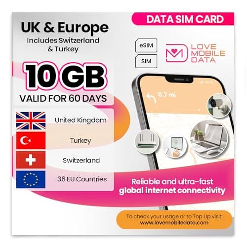 Love Mobile Data Only Sim Card - International Multi-Network 4G/5G Prepaid Data Sim for Mobile Phones, WiFi Routers, & More, UK (O2, Three & Vodafone), Europe, Switzerland & Turkey - 10GB for 60 Days