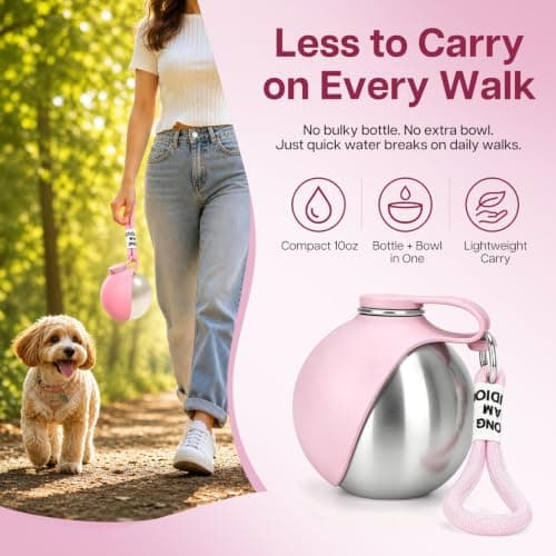 Foldable 2 in 1 Portable Dog Water Bottle, 285ml/10oz Stainless Steel Dog Travel Water Bottle, Leak-Resistant Travel Pet Water Dispenser with Foldable Silicone Bowl for Walking, Camping(pink) — view 5