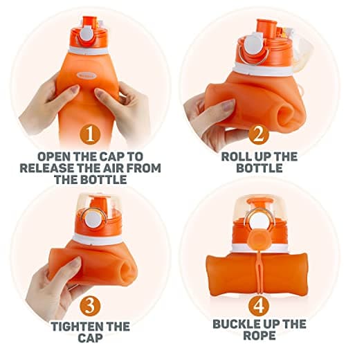 Kemier Collapsible Foldable Water Bottle for Travel, Gym, Hiking - Silicone Leakproof Sports Outdoor Bottle with Carabiner, 750ML/26OZ (Orange) — view 6