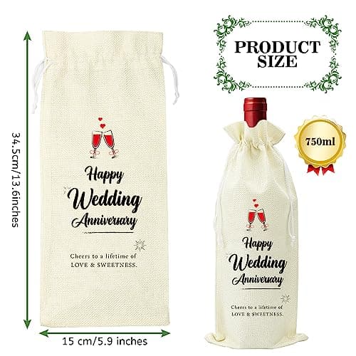 Omoojee Wedding Anniversary Wine Bag, Couple Gift for Married Anniversary, Flax Drawstring Wine Bag (1 Pack) — view 2