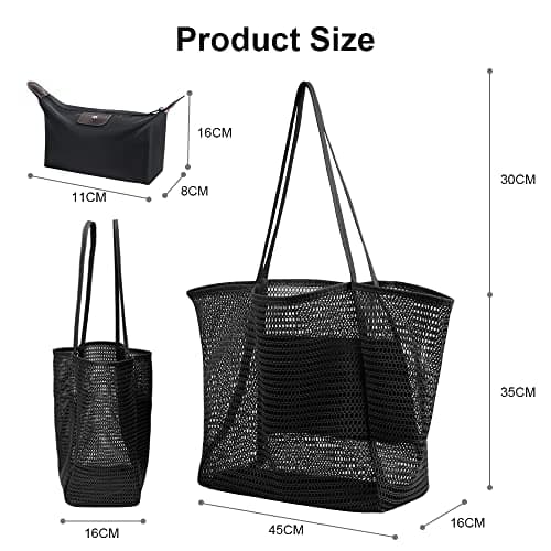 flintronic Mesh Beach Bag, Summer Beach Bag Oversized Ladies Tote Bag Shoulder Bag with Zipper Pockets Mesh Nylon Bag, Perfect for Beach Party Travel Picnic Vacation Shopping - Black — view 4