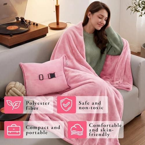 Eulihent Travel Blanket and Pillow 2 in 1 Airplane Blanket Ultralight Compact Foldable Soft Flannel Blanket with Luggage Belt and Backpack Clip for Long Flights, Camping, Car, Business Trips (Pink) — view 3