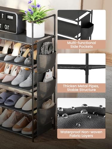 GreenWhim 5 Tier Shoe Rack, Shoe Storage Organiser with Side Storage Bag, Metal Storage Rack 83 x 28 x 88cm, Upright or Upside Down, Fits 20 to 25 Pairs, Stackable for Hallway (5 Tier) — view 5