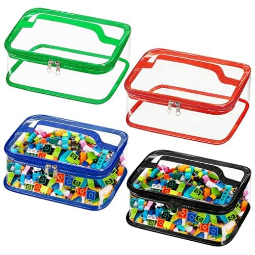 Emwel 4 Pcs Toy Storage Bags-Clear PVC Organizing Bags Storage for Kids-Zippered Toy Container with Handle -Reusable Waterproof Travel Case Pouch for Building Blocks, Puzzle, Balls, Pretend Play Toys