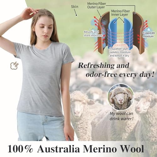 Merino Protect 100% Merino Wool T-Shirt Women Crew Neck Tops Short Sleeve Base Layers for Travel Hiking Tee Light Grey — view 4