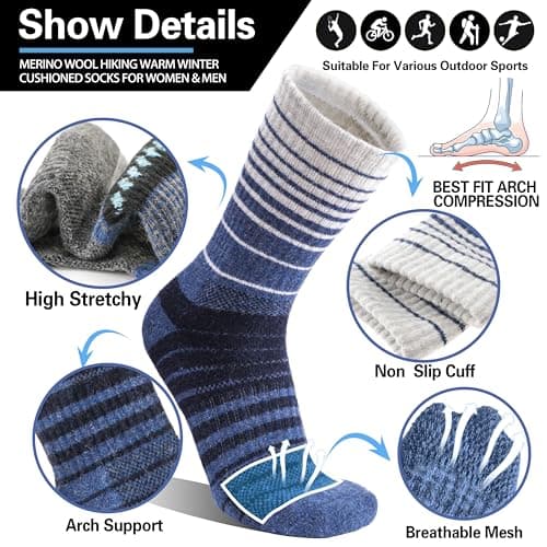 Welwoos Merino Wool Walking Hiking Socks for Women Men Thermal Winter Warm Cosy Crew Work Gift Socks Stocking Fillers 5 Pairs(Blue, 7-11) — view 4