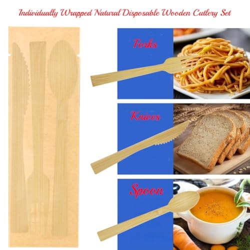 10Pack Luxury Individually Wrapped Disposable Cutlery Set; Biodegradable Knife Fork Spoon Sets Packets; Eco-Friendly Wooden Guest Disposable Utensils for Party, Camping, Traveling, Family Dinners — view 5