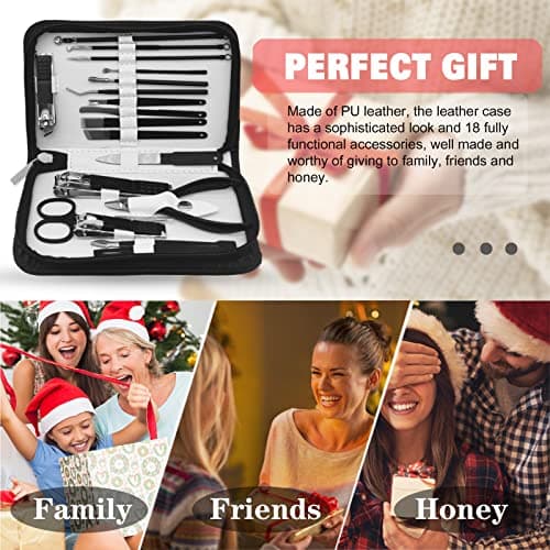 Manicure Set Nail Clippers Kit For Women&men 18 in 1 Professional Stainless Steel Pedicure Care Tools Kit Nail Cutter Set Scissors Grooming Kit With Black Leather Travel Zip Case(Black White) — view 6