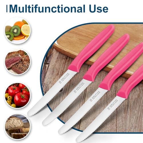 targzier 4 Dinner Knife,11cm Serrated Stainless Steel,Ergonomic Handle,Pink — view 4