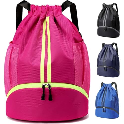 DDSHUN Drawstring Backpack, Waterproof Gym Bag, Unisex Large Oxford PE Pack Students School Backpack Swimming Bag Durable Sports Ball Bag with Shoe Bags (Rose Red)