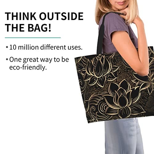 AABSTBFM Boho Gold Lotus Flowers Printed Shopping Bags For Women Ladies Girls - Large Reusable Waterproof Shoulder Tote Bag, Grocery Bags, Shopper Handbag, And Beach Bag — view 2