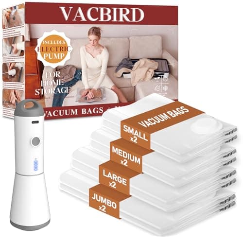 Vacbird Vacuum Storage Bags with Wireless Electric Pump, Compression Bags for Clothes, 8 Pack