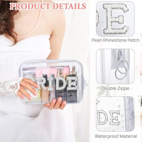 Etercycle Bride Clear Cosmetic Bag, Portable PVC Travel Toiletry Bag Bling Pearl Rhinestone Patch Letter Bags for Women Wedding Bachelorette Party (Silver) — view 3