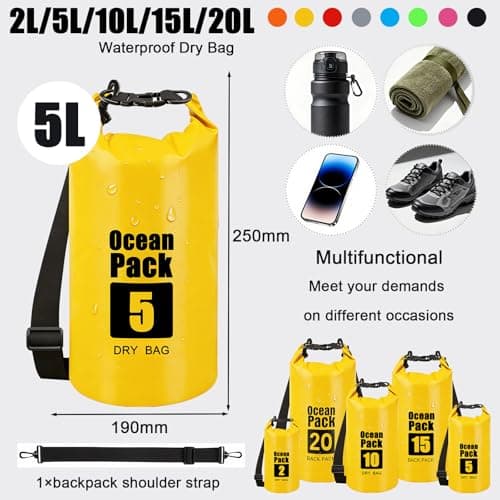 RONGZUBAT 5L Waterproof Dry Bag with Adjustable Shoulder Strap, Roll Top Dry Sack, Lightweight Waterproof Bag for Kayaking, Paddle Boarding, Boating, Beach, Swimming, Camping and Travel - Yellow — view 2