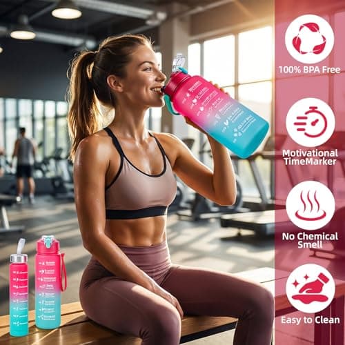Weal4All 3 Pack Sports Water Bottles with Straws and Handle, 2L Large Plastic Drinking Bottle for Kids Adults Gyms School Home Office Outdoors, BPA Free & Leakproof — view 5