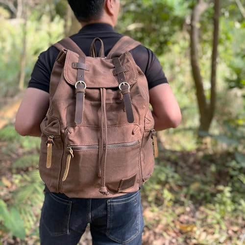 High Capacity Canvas Vintage Backpack - for School Hiking Travel 12-17" Laptop Backapcks for Men Casual Daypacks (Larger-Coffee) — view 6