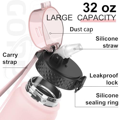 GOPPUS 1L/32oz Stainless Water Bottle with Straw Double Wall Insulated Bottles with Strap Reusable Vacuum Thermal Flask Leakproof Keep Cold Drinks Bottles with Flip Top Lid BPA Free (Pink) — view 3