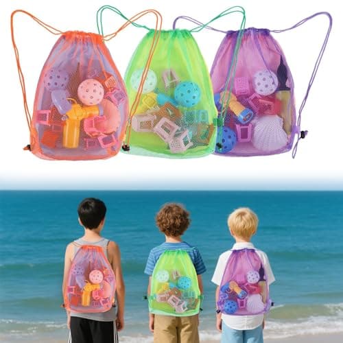 hankousi 3pcs Kids Beach Toy Bags - Large Mesh Drawstring Backpacks for Sand Toys Storage, Lightweight Durable Shell Collecting Nets for Outdoor Beach Vacations, Sandbox Play