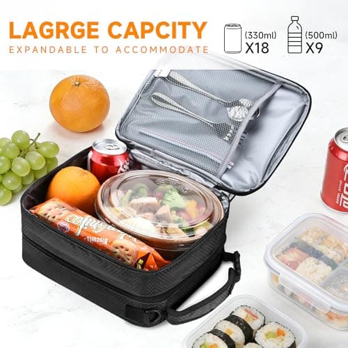 Kato Tirrinia Expandable Insulated Lunch Bag, 10L Lunch Cooler Bag with Shoulder Strap for Men and Women, Leakproof Lunch Box Bag, Suitable for Work School Travel Picnic Camping Beach, Black — view 3