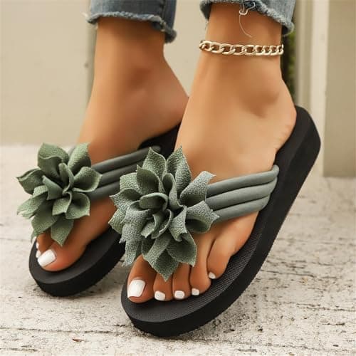 Flower Flip Flops Women Beach Slippers Size 7.5 Boho Open Toe Slip on Flat Sandals Summer Comfortable Yoga Mat Thong Sandals for Pool, Travel Vacation Slippers Flower Army Green Footwear Gift — view 2