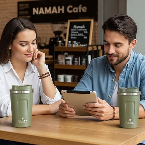Namah® 380 ML Insulated Stainless Steel Coffee Mug with Lid, Double Wall Vacuum Travel Mug for Hot & Cold Drinks, Reusable Coffee Cup for Office, Home & Travel, Forest Olive Green — view 6