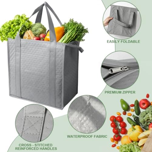VZZNN 10 Pack Insulated Grocery Bags Bulk, Reusable Shopping Bags with Sturdy Zipper & Handles, Large Foldable Washable Thermal Cooler Totes for Hot Cold Food Transport, Travel & Lunch(Grey) — view 4