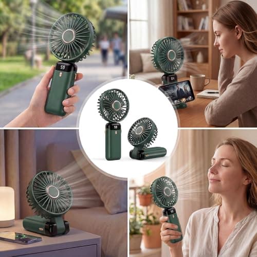 glonest Portable Handheld Fan Rechargeable, Foldable Mini Desk Fan with Smart LED Display, Powerful USB Battery Operated Personal Cooling Fan for Travel Office Home Outdoor Camping (Dark Green) — view 6