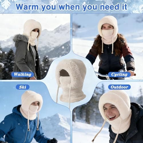 Ashloter 3 in 1 Beanie Hat for Women, 3in1 Thermal Winter Balaclava Knitted Hood with Scarf and Face Mask, Windproof Warm for Outdoor Skiing Hiking Running Skiing Cycling Ladis Men (Beige) — view 3