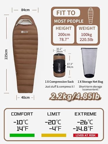 QEZER Winter Sleeping Bag for Adults, Lightweight Down Sleeping Bag -20 Degree C for Cold Weather Camping and Mountaineering Outdoor with 650 FP Duck Down (Coffee, 1500g down) — view 2