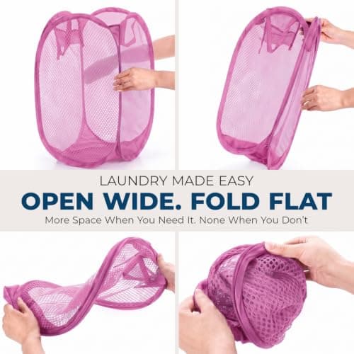 HOMESHOPA Laundry Baskets Pop Up Mesh Washing Bag, Pink Foldable Dirty Clothes Baskets with Handles&Side Pocket, Collapsible Toy Tidy Storage Organiser, Great for Kids Room, College Dorm Travel — view 3