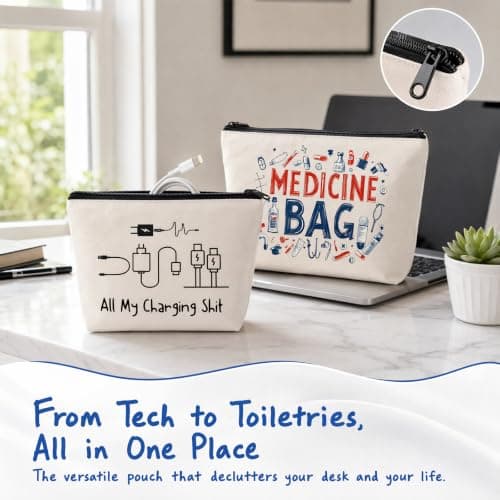 Dooaqiin Essentials 2 Pack Funny Travel Pouches - Medicine Bag and All My Charging Cable Bag - Humorous Holiday Accessories and Luggage Organiser, Tech Gadgets Travel Gifts for Women Men — view 6