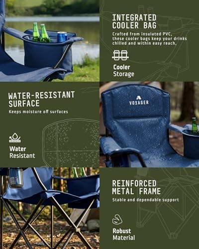 Voyager Folding Camping Chairs 2 Pack with Cooler Bag, Lightweight Q195 Steel Frame, 600D Oxford Fabric, Portable & Comfortable - Navy — view 5