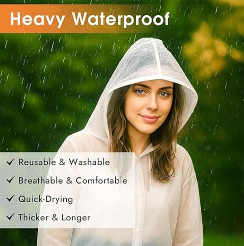 JXJIUA 2 Pack Rain Ponchos for Men/Women Adult Waterproof Reusable Emergency Raincoats with Hood and Drawstring -Lightweight White — view 5