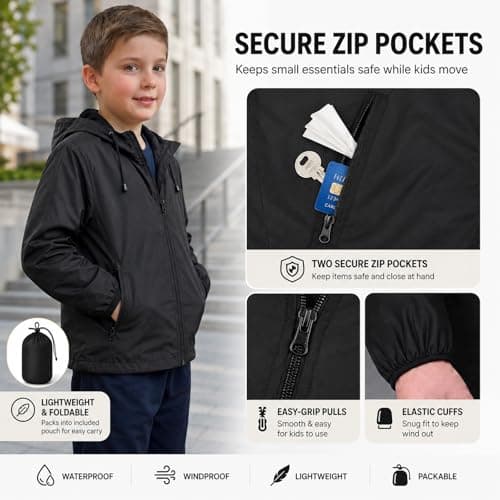 Kids Lightweight Waterproof Jacket with Zip Pocket – Boys & Girls Breathable Rain Coat for School & Travel – Packable with Pouch for Changeable UK Weather (UK, Age, 5 Years, 6 Years, Regular, Black) — view 4