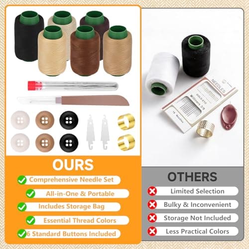 Homgaty Stainless Steel Sewing Needles Set - Large Eye Needle Kit with Thread, Thimbles & Accessories, Complete Hand Sewing Supplies, Emergency Repair & Travel Sewing Pack (Earth Tone Style) — view 6