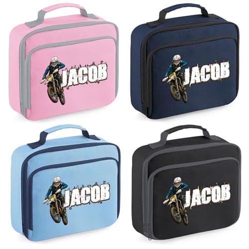 Purple Print House Boys Personalised Motorcross Lunch Bag Action Shot Design Childs Name Dirt Bike Off-Road Racing Kids Lunch Box, 24cm x 20cm x 8cm, Black — view 2