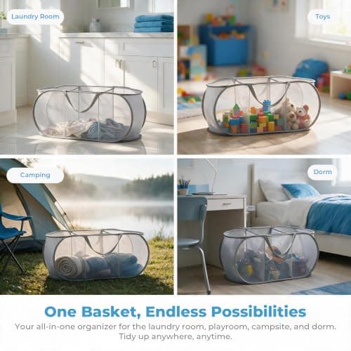 Collapsible Mesh Laundry Hamper Pop Up 3 Compartments with Handles & Pocket — view 6