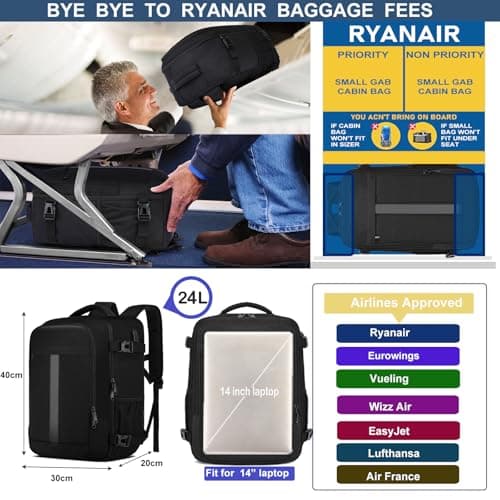Ryanair Cabin Bags 40x30x20 Underseat 24L Small Travel Backpack, Black — view 2