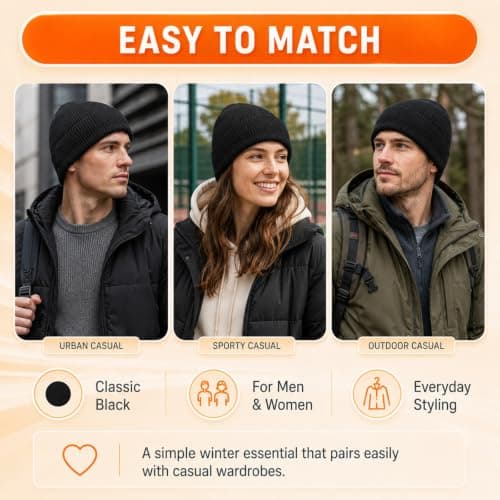 WHJYCC Black Beanie Hat for Men & Women, Fleece Lined Winter Knit, One Size — view 2