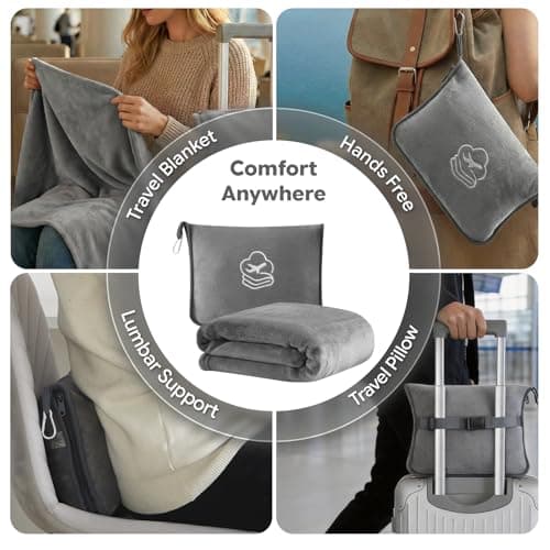 JAJALUYA Travel Blanket, Soft 2-in-1 Airplane Blanket, 65x40 Inches, Travel Essentials Car Blanket with Luggage Sleeve & Backpack Clip (Light Grey) — view 3